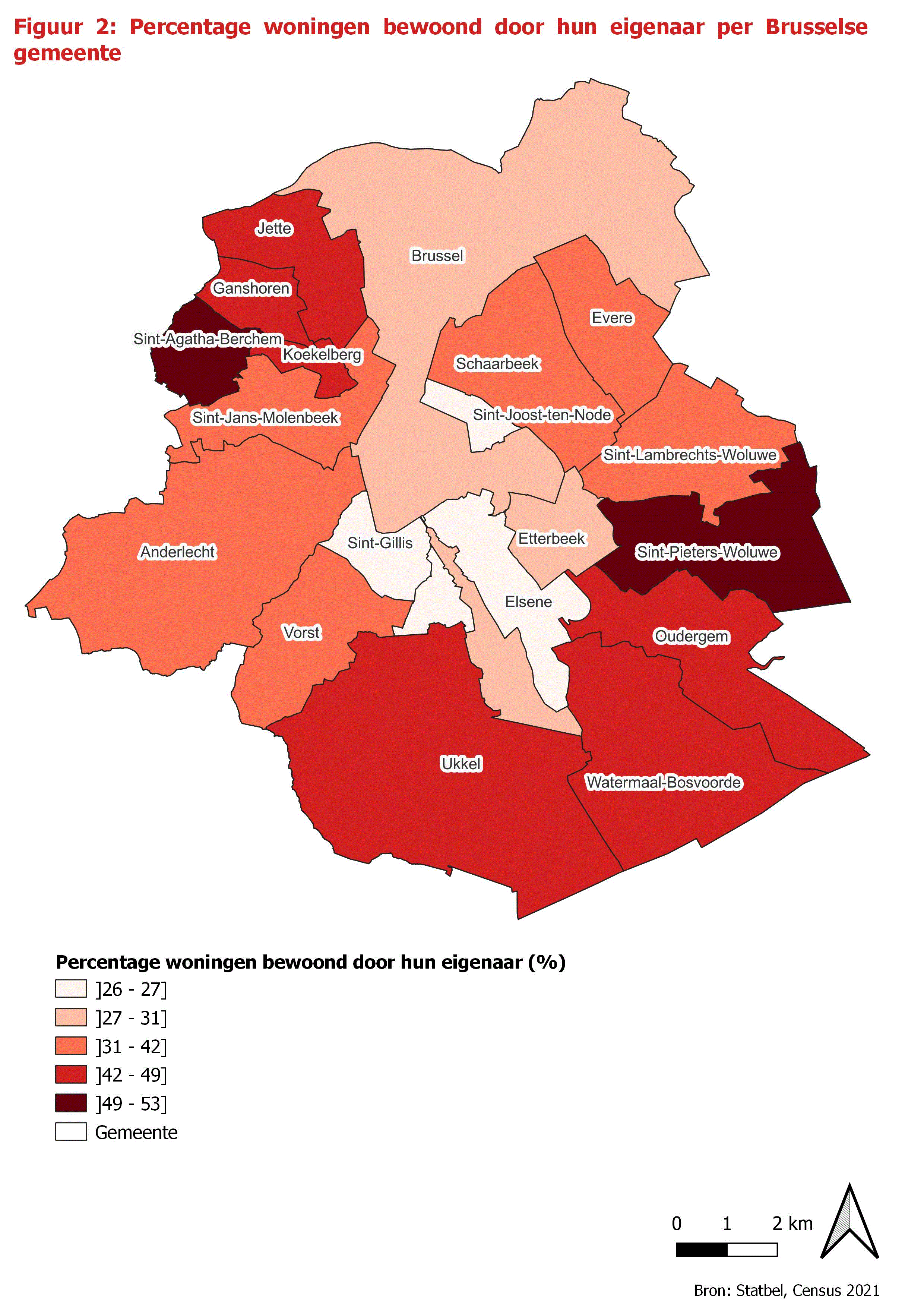 Kaart: Percentage woningen bewoond door hun eigenaar per Brusselse gemeente